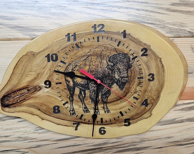 Bison, Laser Engraved Wood Clock, Natural Wood Clock, Lacquer Finished, Father's Day Gift, Wall Decoration