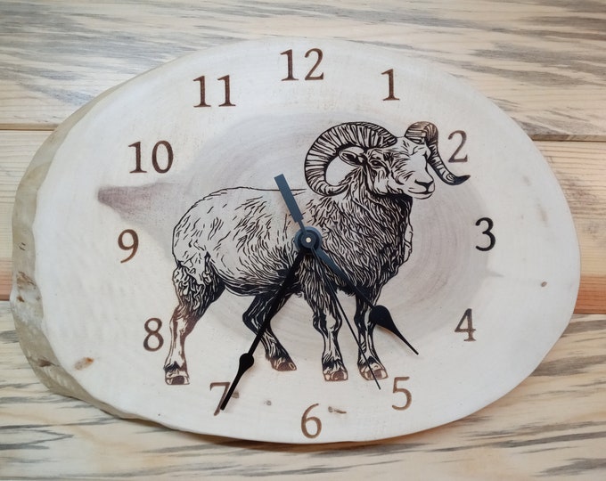 Big Horn Sheep, Laser Engraved Wood Clock, Live edge Wood Clock, Lacquer Finished, Christmas, Birthday gift. Wall Decoration, Man Cave