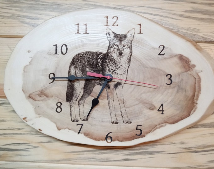Coyote, Laser Engraved Clock, Live edge wood, Lacquer Finished, Christmas, Birthday gift. Wall Decoration, Man Cave