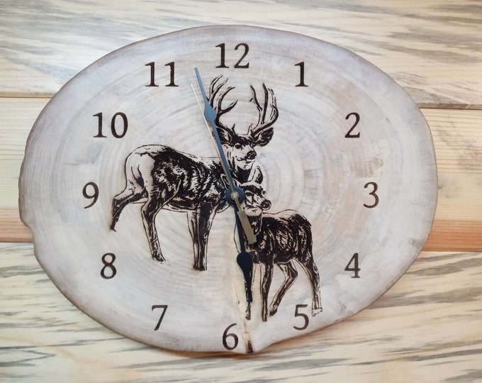 Whitetail Deer, Forest Scene, Laser Engraved Wood Clock, Natural Wood Clock, Lacquer Finished, Father's Day Gift, Wall Decoration