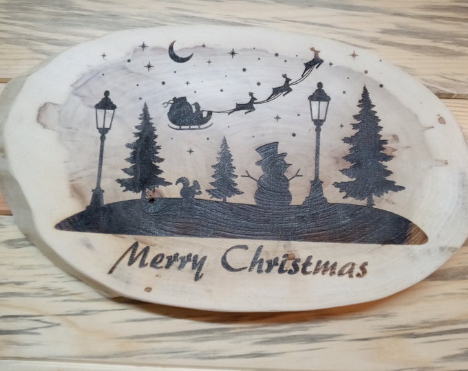 Christmas Tree, Santa, Laser Engraved Natural Wood Slab Decoration, Lacquer Finished, Gift, Wall Decor