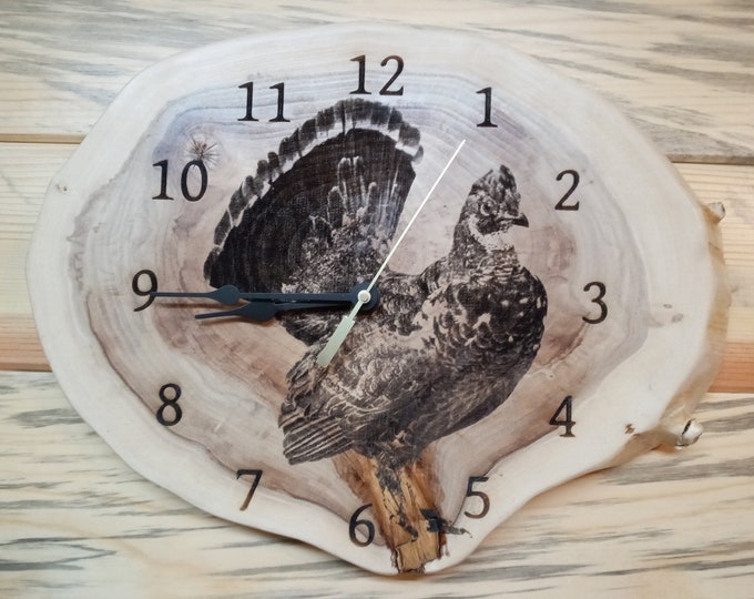 Blue Grouse, Dusky, Laser Engraved Clock, Live edge wood, Lacquer Finished, Christmas, Birthday gift. Wall Decoration, Man Cave