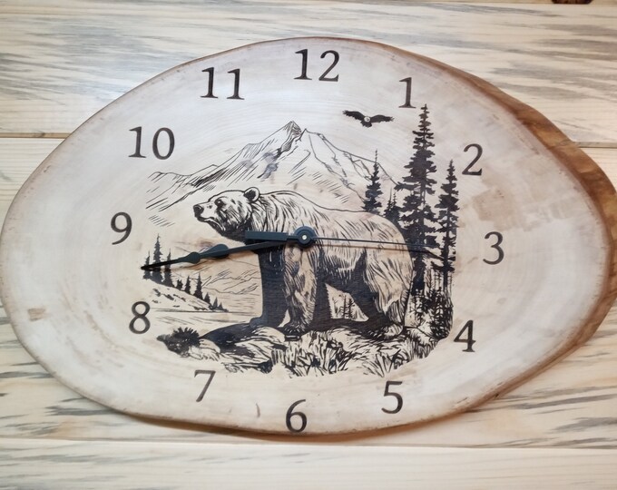 Grizzly Bear, Forest Scene, Laser Engraved Natural Wood Clock, Lacquer Fiish, Christmas, Father's Day or mancave Gift, Wall Decoration