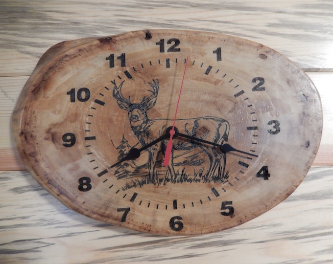 White Tail Buck, Laser Engraved Wood Clock, Natural Wood Clock, Lacquer Finished, Father's Day Gift, Wall Decoration