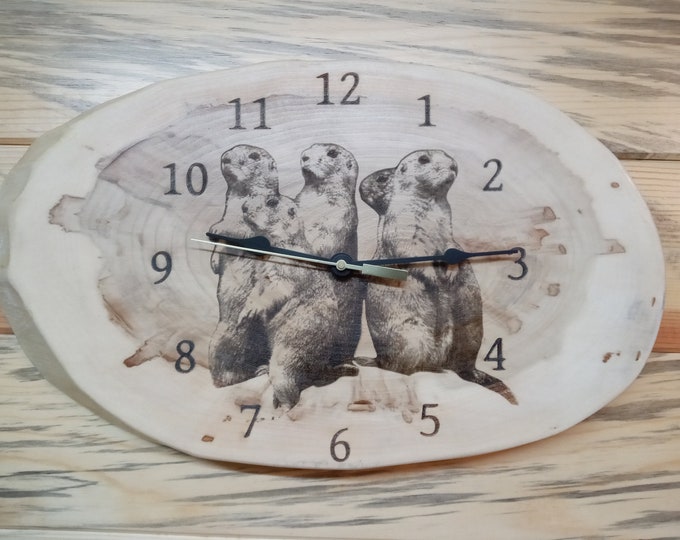 Prairie dogs, Gophers, Laser Engraved Wood, Live edge Clock, Lacquer Finished, Christmas, Birthday gift. Wall Decoration, Man Cave