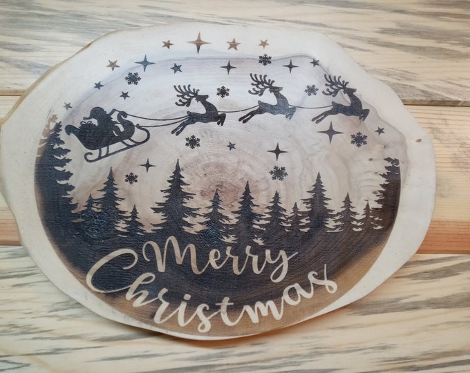Christmas Tree, Santa, Laser Engraved Natural Wood Slab Decoration, Lacquer Finished, Gift, Wall Decor