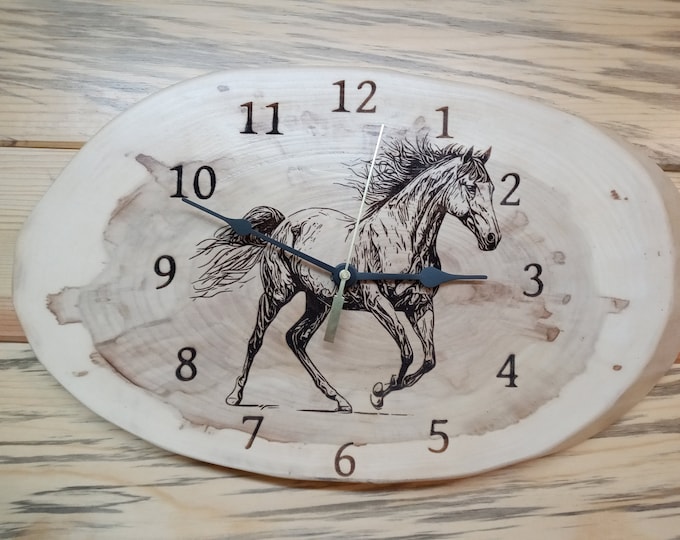 Wild Mustang horse, Laser Engraved Wood Clock, Live edge Wood Clock, Lacquer Finished, Christmas, Birthday gift. Wall Decoration, Man Cave