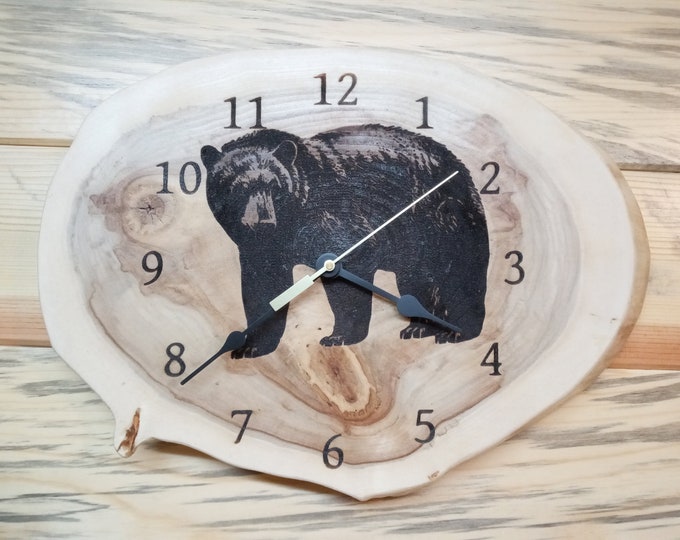 Black Bear, Laser Engraved Clock, Live edge wood, Lacquer Finished, Christmas, Birthday gift. Wall Decoration, Man Cave