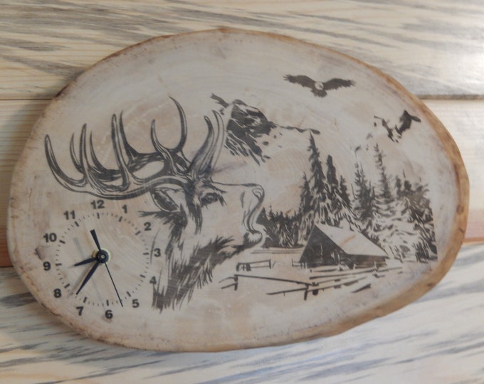 Elk Bull, Cabin and Forest scene,  Laser Engraved Wood Clock, Natural Wood Clock, Lacquer Finished, Father's Day Gift, Wall Decoration
