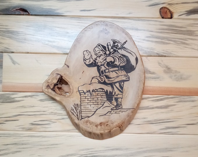Santa, Christmas, Laser Engraved Natural Wood Slab Decoration, Lacquer Finished, Christmas Gift, Wall Decor