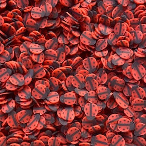 May include: A large quantity of red and black ladybug-shaped confetti. The confetti is made of a smooth, plastic-like material.
