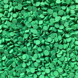 May include: A large quantity of small, round, green confetti. The confetti is made of a soft, pliable material and has a slightly textured surface.