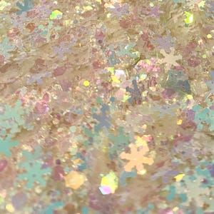 May include: Close-up of iridescent glitter in various shapes and sizes. The glitter has a mix of colors, including white, pink, and light blue. The glitter is scattered across the surface, creating a sparkling effect. The overall theme is festive and decorative.