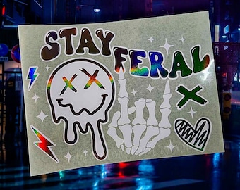 Stay Feral Premium Vinyl Car Decal || Stay Feral Drip Smiley Retro Car Sticker || Live Feral || Funny Car Decal || Funny Car Sticker