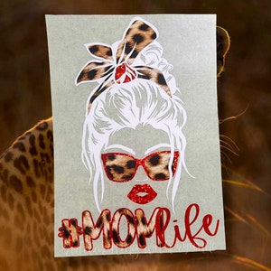 Mom Life Decal || Messy Mom Bun Diamond Glitter Decal || Mom Logo Decal || Cheetah Leopard Decal || Designer Mom Decal | Fashion Mom Decal