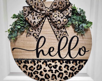 Front Door Hanger Cheetah Leopard Hello || Leopard Door Hanger || Cheetah Door Hanger || Hello Front Door Sign || Interchangeable Bow ||