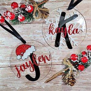 Personalized Glitter Christmas Ornament || 4&quot; Acrylic Name Christmas Ornament || Personalized Christmas Ornament || Santa Hat || Snowflake