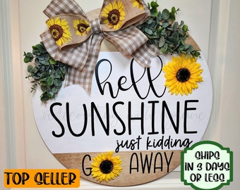 Sunflower Hello Sunshine Front Door Hanger - Sunflower Wreath - Sunflower Front Door Decor - 18&quot; - Interchangeable Bow