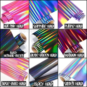 May include: Nine rolls of iridescent holographic vinyl in various colors, including hot pink, purple, sapphire, olive green, maroon, rose gold, black, and silver. The vinyl is rolled up and the ends are visible.