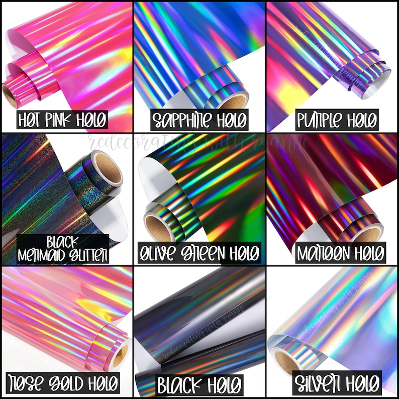 May include: Nine rolls of iridescent holographic vinyl in various colors, including hot pink, purple, sapphire, olive green, maroon, rose gold, black, and silver. The vinyl is rolled up and the ends are visible.