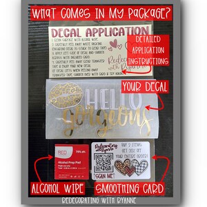 May include: A red and white alcohol prep pad, a smoothing card with a QR code and a leopard print heart design, and a decal that says "Hello Gorgeous" with a leopard print lip design. The text "Redecorating with Ryann" is also visible on the card.