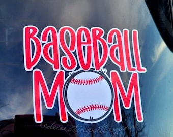 May include: Red and white vinyl decal with the text "Baseball Mom" and a baseball graphic. The decal is on a black background.