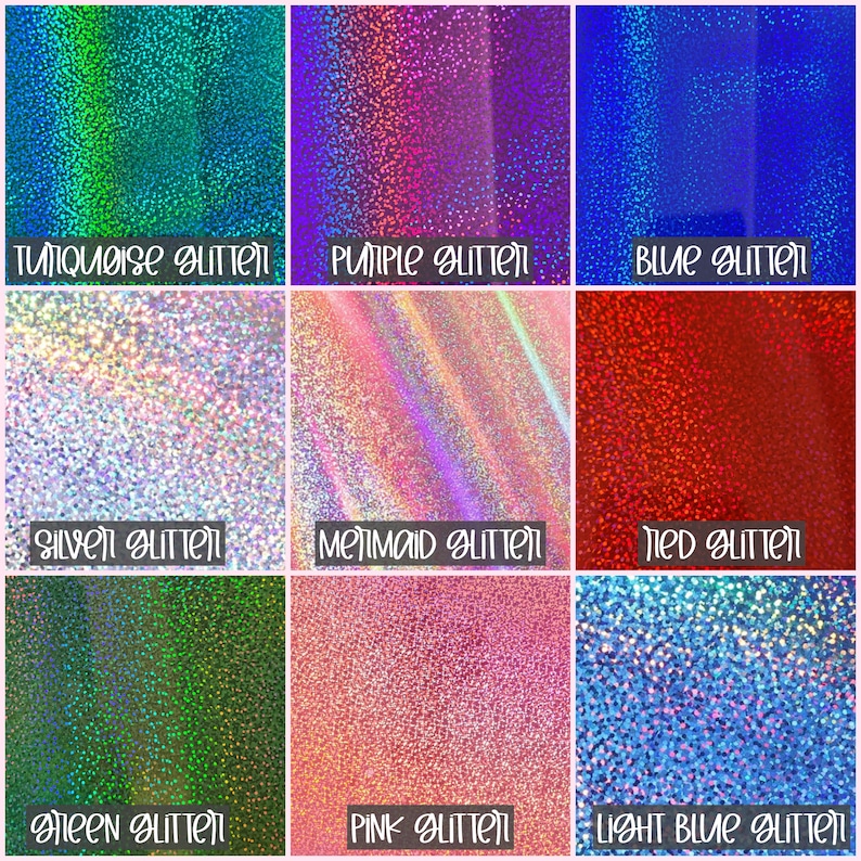 May include: A collage of nine different colors of iridescent glitter. The colors are turquoise, purple, blue, silver, mermaid, red, green, pink, and light blue.