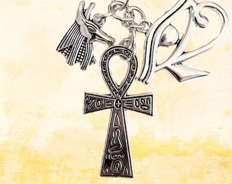 Egyptian Symbols Key Chain with your choice of 3rd Charm, Ankh with Hieroglyphics, Eye of Horus and Your choice of third charm