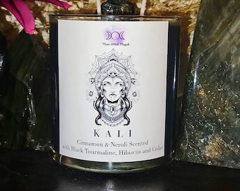 Kali Goddess Soy Candle: Cinnamon Neroli Scent, Black Tourmaline & Goat Charm