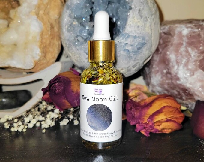 New Moon Oil, Dark Moon Oil. Ritual Spell Oil For Grounding, Cleansing & Intentions of New Beginnings, Moon Magick Spell Oil. 1 oz Bottle