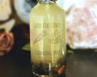 Good Vibes Only: Cleansing Spray (4 oz) Glass bottle. Negative Energy Repellent, Tigers eye, Amethyst. Protection spray. No smoke smudge