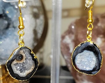 Crystal Geode Earrings, Genuine Crystal Geodes, Chalcedony and Agate, gold plated stainless steal hardware, hypoallergenic