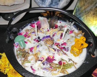 Cauldron Candle Fairy Offering, Faerie Witch, Lilac Peach Moss Scent, With Lucky Troll, added Titanium Aura & Angel Aura Quartz charm, Fae