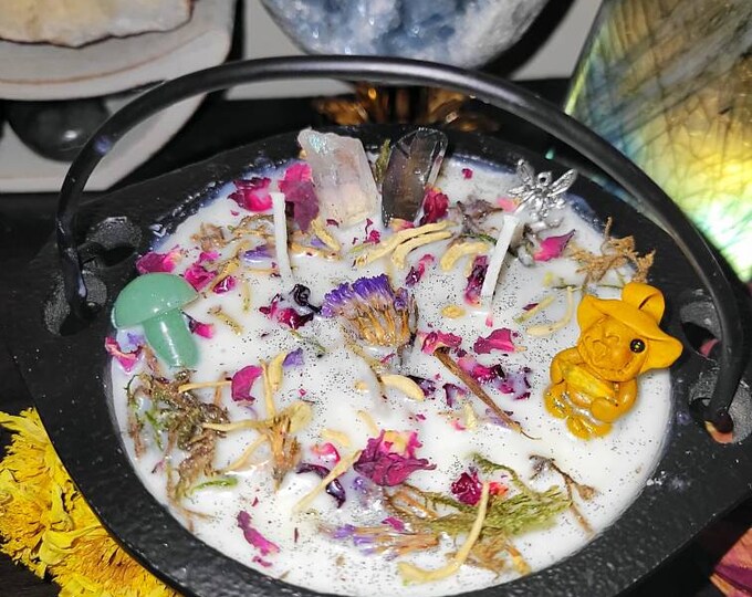 Cauldron Candle Fairy Offering, Faerie Witch, Lilac Peach Moss Scent, With Lucky Troll, added Titanium Aura & Angel Aura Quartz charm, Fae
