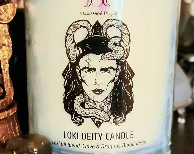 LOKI Deity Candle with Red Jasper or Labradorite crystal, Patchouli and Rose Scented, Norse Pagan, Viking god, Trickster god