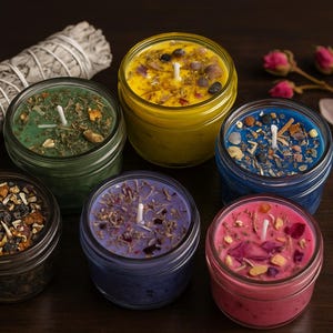 Mini candela magica con erbe, fiori e cristalli, cera di soia, candele in barattolo di vetro da 4 once per stregoneria e manifestazione
