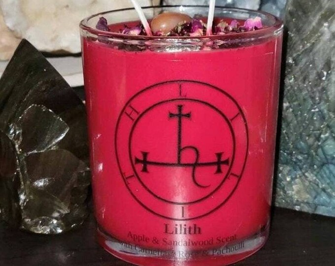 LILITH INVOCATION CANDLE, Offering w/ owl, Apple and Sandalwood Scented, Made with Lilith oil. Carnelian crystal,pachoulli rose, 10 and 18oz