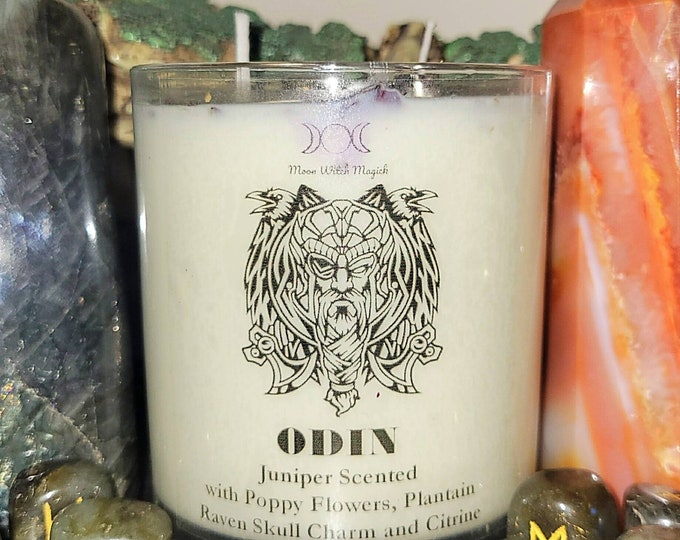 ODIN Candle, Juniper Scented with Poppy Flowers, Plantain, Raven Skull Charm, Citrine Crystal. Offering Altar Candel Norse Gods,, Invocation