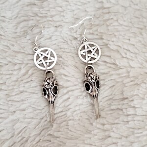 Skeleton Raven Pentacle Earrings: Hypoallergenic Stainless Steel, Pagan Alt Earring