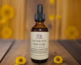 May include: A brown glass bottle of Dandelion Tincture with a black dropper. The label reads "Dandelion Tincture Dietary Supplement". Two yellow dandelion flowers are on a wooden surface.
