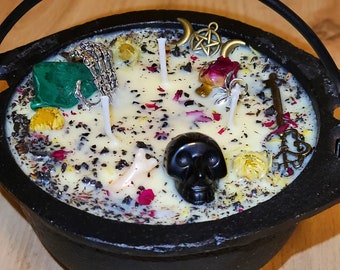 Cauldron Candle Death Witch, PATCHOULI Candle, Obsidian Skull, Dragons Blood & Sandalwood Scented, Malachite, Hades Candle, HALLOWEEN, bone