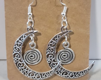 Hypnos Earings, Moon & Moon and Swirl Dangle Drop earrings. HYPOALLERGENIC stainless steal, Secret Pagan Jewelry