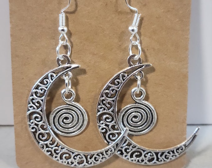 Hypnos Earings, Moon & Moon and Swirl Dangle Drop earrings. HYPOALLERGENIC stainless steal, Secret Pagan Jewelry