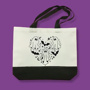 Ghost Moon & Stars Tote Bag, White Tote Bag with Black Bottom stripe and Handles.  18.5 x 15 x 4.8 Inches. Canvas Tote, Halloween