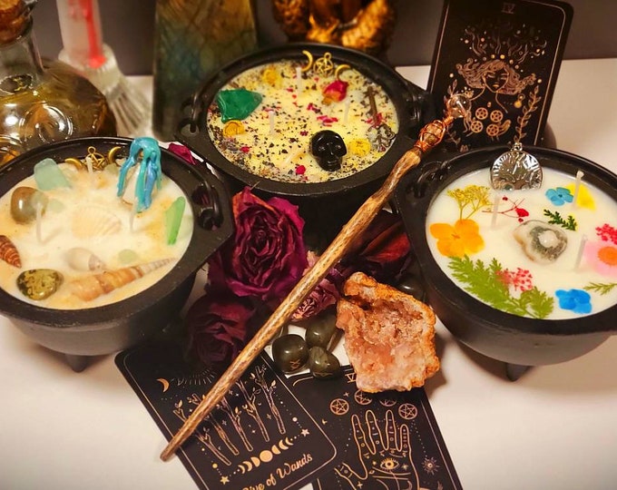 CAULDRON CANDLES, cast iron, Large 10 oz, Witch Themed: Sea Witch,  Death Witch & Green Witch/ Garden Witch, Faery/ Fairy Witch Candles