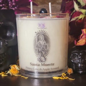 SANTA MUERTE CANDLE, Offering w/ Calavera charm, Honey Cake & Apple Scented with Marigold Dried Apples and Carnation, Black Obsidian Crystal
