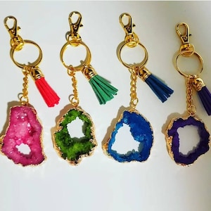 Dyed Druzy Agate Keychain: Gold Plated with Tassel