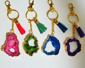 Dyed Druzy Agate Keychain: Gold Plated with Tassel