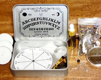 Pocket Divination Kit with Crystal Pendulum and Board, Decision Coin, Annointing Oils, Herbs & Divination Tealight Candles, Tarot Cards Sale