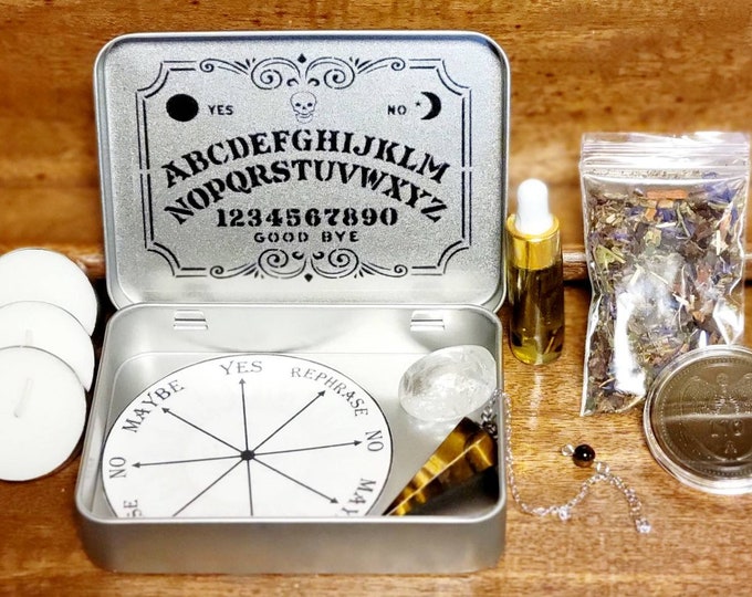 Pocket Divination Kit with Crystal Pendulum and Board, Decision Coin, Annointing Oils, Herbs & Divination Tealight Candles, Tarot Cards Sale